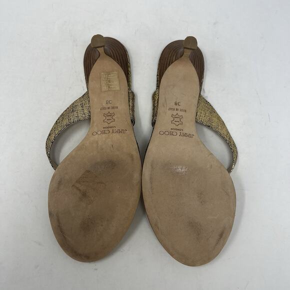 Jimmy Choo Gold Textured Leather Thong Wooden Heel Sandals Size 38 EU Y2K NYE - Picture 5 of 9